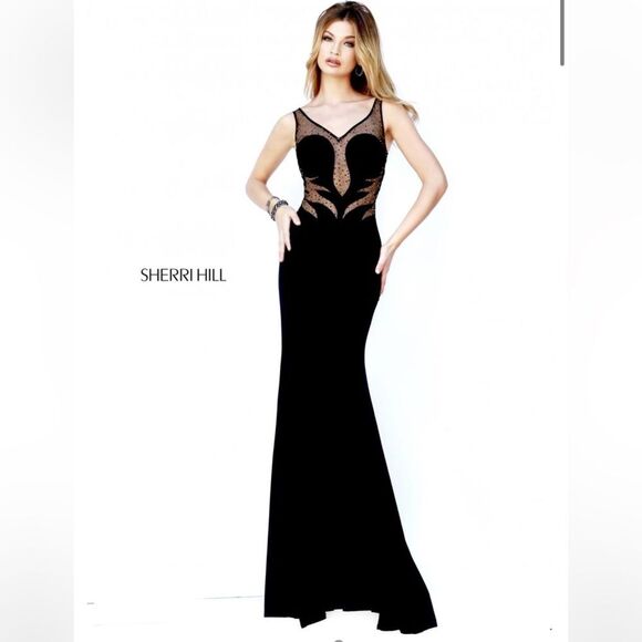 Sherri Hill Black Crystal Backless Holiday Formal Evening Gown Lined Size 4 - Picture 1 of 15